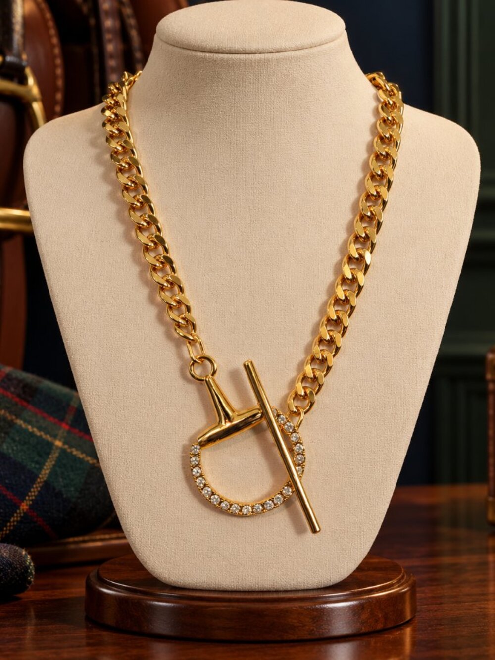 Gold Chunky Chain Toggle Necklace with Crystal Accented Circle Pendant